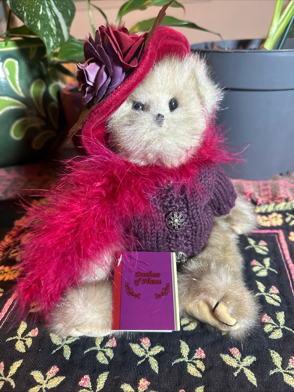Bearington Collection “Duchess of Plume” Teddy Bear in Sweater, Hat & Boa